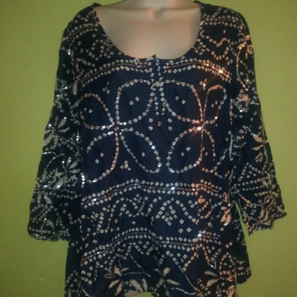 Soft Surroundings Tunic Blouse Sequin Detail Navy